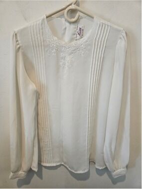 Women's Meredith Vintage Blouse Size 12 Cream Long Sleeve Embroidered Top